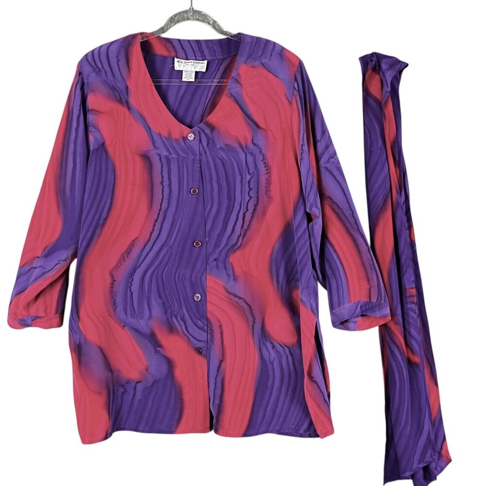 Aliki Yamani Creations Silk O/S Tunic Top + Scarf Red Purple Watercolor Button